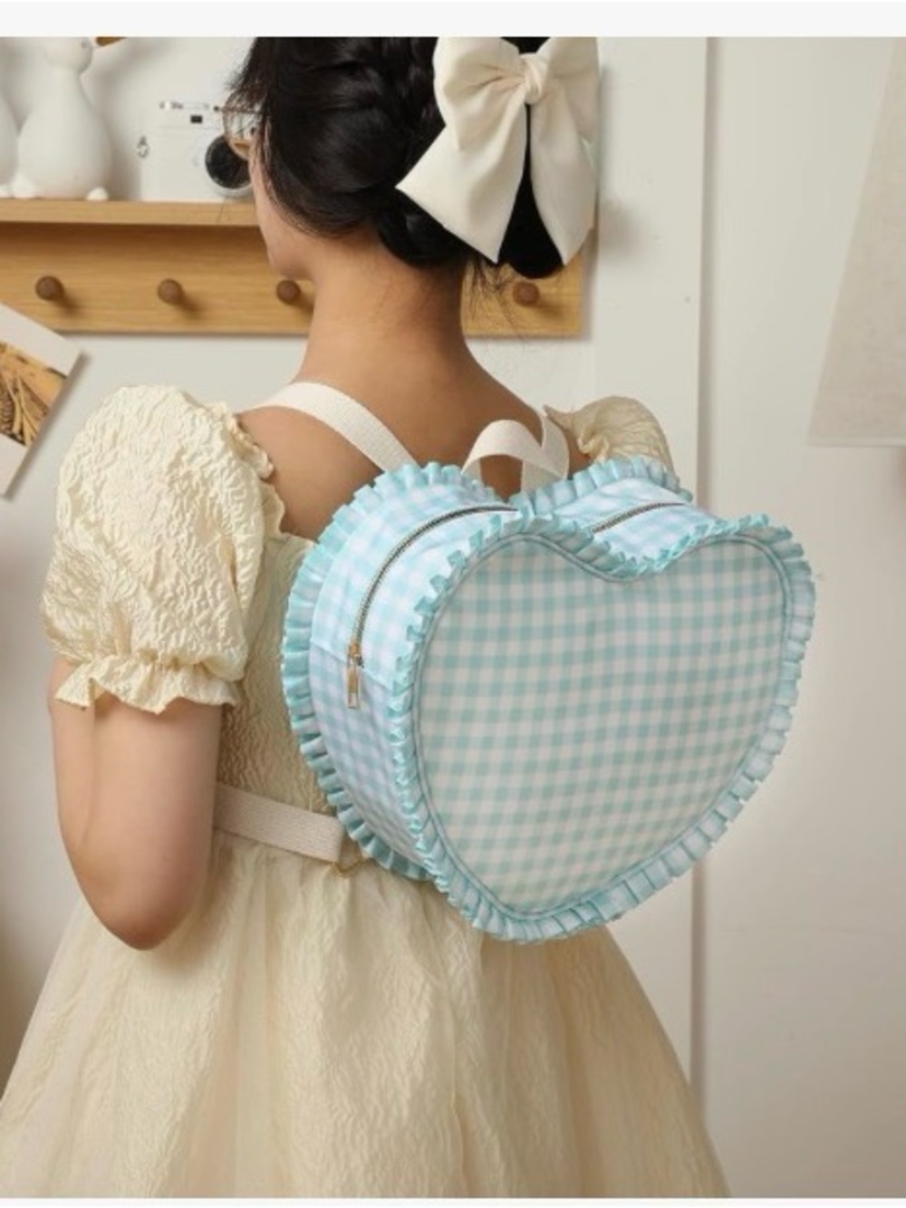 Heart-Shaped Gingham Backpack - Aqua Mini Heart Shaped blue